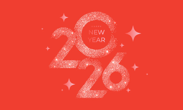 Fototapeta Happy New Year 2026 beautiful sparkling design of numbers and stars on bright red background. Modern winter holiday greeting banner, poster or greeting card template.