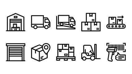 A collection of black outline icons illustrating various aspects of supply chain management, including a warehouse, truck, conveyor belt, package, and barcode scanner for inventory control.