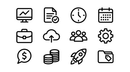 A collection of twelve minimalist black line art icons representing various business concepts like finance, time management, data analysis, teamwork, cloud service, and project startup, perfect for di