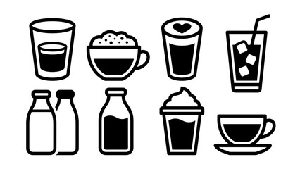 A set of eight black and white line art icons representing different drink types such as hot coffee, iced beverage, milk bottle, and layered drink for menu design.