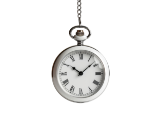 Elegant pocket watch with a chain and Roman numerals displaying the time against a transparent background