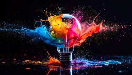 Colorful paint explodes around a glass lightbulb against a black background, with vibrant splashes and reflections