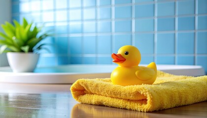 Clean Contemporary Yellow Rubber Duck Toy on Towel Still Life. Ai Generated Images