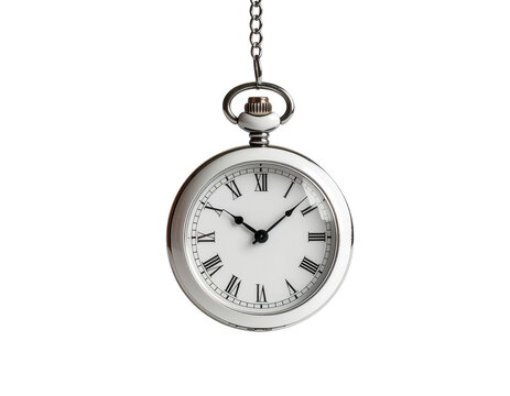 Elegant pocket watch with a chain and Roman numerals displaying the time against a transparent background