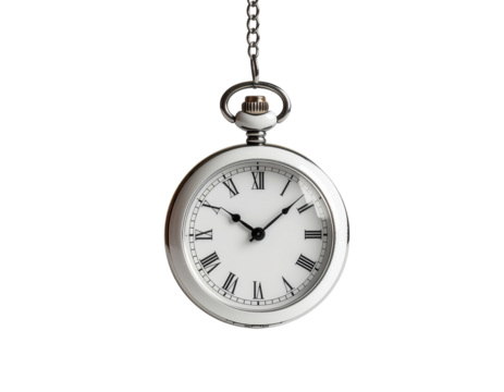 Elegant pocket watch with a chain and Roman numerals displaying the time against a transparent background