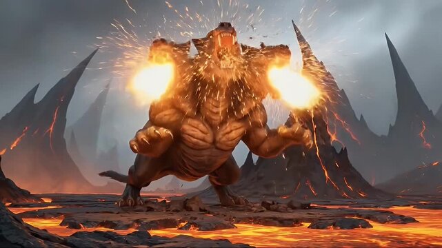 Mythological three headed monster dog guarding a fiery volcanic underworld landscape