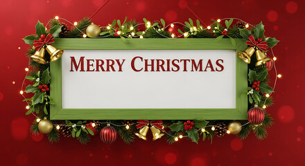 Festive green wooden frame decorated with holly, golden bells, ornaments, and twinkling lights on a red background with space for text message
