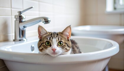 Bright Close-Up of a Tabby Cat Relaxing in a Bathroom Sink. Ai Generated Images