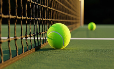 A yellow tennis ball resting near the net on a green court during a match