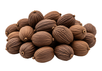 Pile of nutmeg seeds evoking warm spice and culinary creativity, ideal for holiday baking, seasonal recipes, and aromatic flavors used in culinary arts