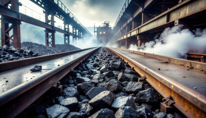 Industrial Moody Railroad Tracks with Coal and Smoke Leading to Train. Ai Generated Images