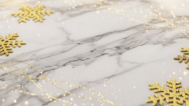 Elegant gold snowflake border decoration on white marble surface