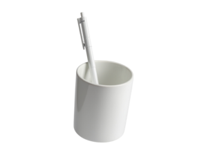 A sleek white ceramic mug holding a silver pen with a clip, designed for writing or note-taking purposes