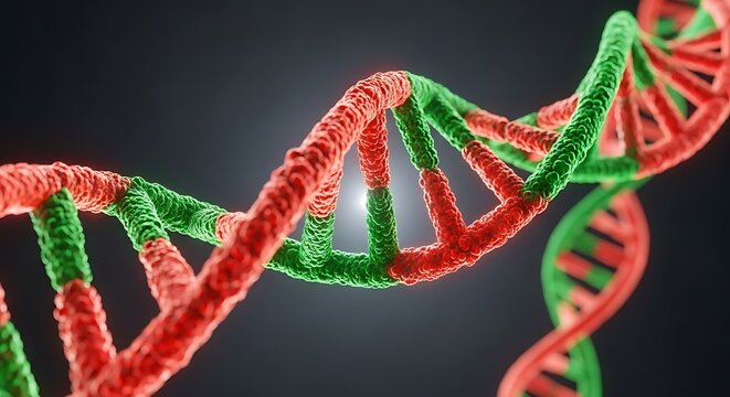 Vibrant red and green dna double helix structure illustrating genetic code and biological research