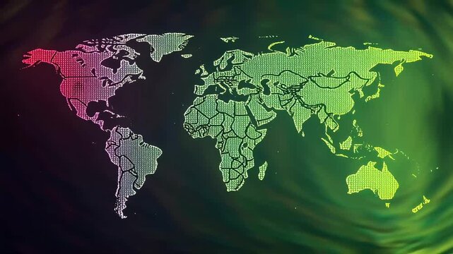 Stylized world map with colorful gradient overlay, global geography concept on abstract green background, digital earth map for business and news