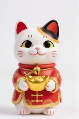Cute chibi lucky cat (Maneki Neko) in Chinese New Year costume, holding gold ingot, smiling expression, glossy toy figurine look, isolated on pure white background