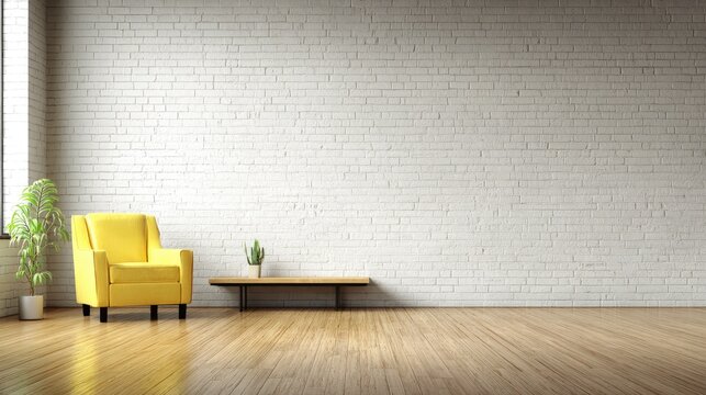 Bright interior space features minimal furniture against a textured white wall and wooden floor