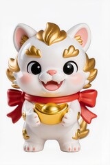 Naklejka premium Cute chibi Chinese lion guardian (Foo dog) with festive red ribbons, holding lucky coin, smiling expression, glossy collectible figurine style, isolated on white background