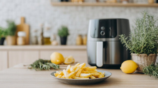 A plate filled with crispy golden french fries sits on a wooden table in a warm kitchen. Fresh lemons and herbs surround the air fryer, creating a delightful cooking atmosphere