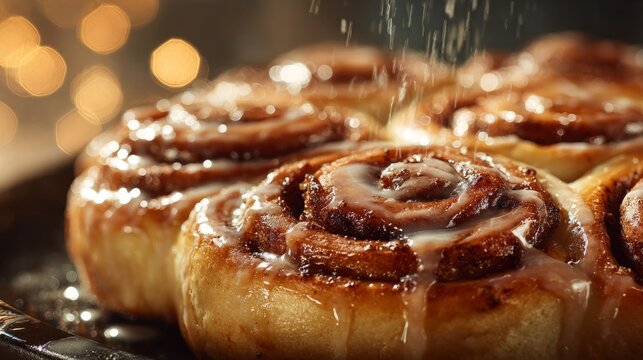 Fresh cinnamon rolls with icing and honey drizzle - Powered by Adobe