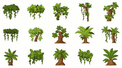 A vibrant collection of diverse cartoon jungle plants and tropical trees, including lush vines and palm foliage, perfect for game design or nature-themed illustrations.