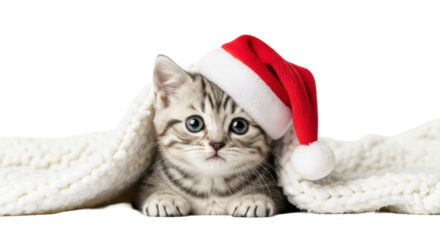 A fluffy silver tabby kitten with blue eyes in a santa hat peeking from under a white blanket on a white background, christmas and new year pet concept