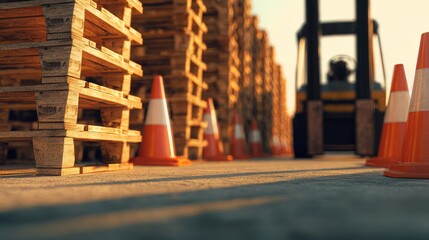 Warehouse Safety Zone with Traffic Cones and Pallets