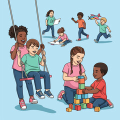Diverse Children Playing Together: Joyful Kids Engaged in Various Activities like Swinging, Building, and Drawing