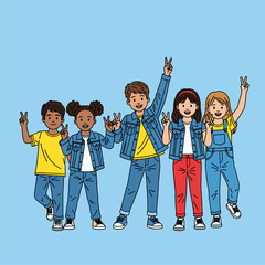 Smiling Multi-Ethnic Children in Jeans Clothes Showing Peace Gesture, Friendship & Unity Concept