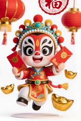 Cute chibi Chinese opera mask character with festive decorations, holding red envelopes, joyful expression, glossy toy figurine style, isolated on white background