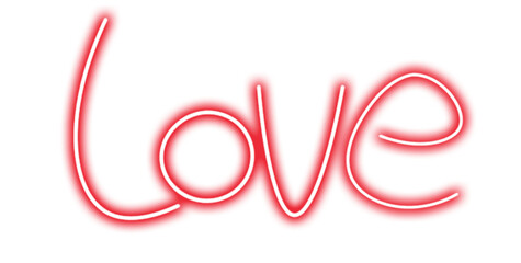 Neon love text sign with glowing red on transparent background