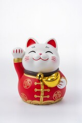 Cute chibi lucky cat (Maneki Neko) in Chinese New Year costume, holding gold ingot, smiling expression, glossy toy figurine look, isolated on pure white background