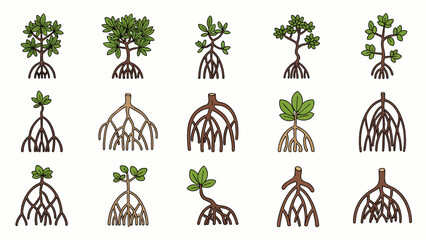A comprehensive collection of stylized mangrove tree illustrations, showcasing diverse root systems and growth stages essential for coastal ecosystems.