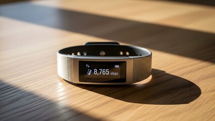 Minimal White Smart Band with Step Counter on Warm Wooden Surface