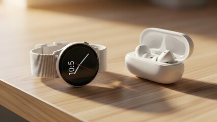 Minimal White Smartwatch and Wireless Earbuds Set on Beige
