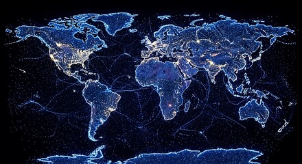 Illuminated world map at night showing city lights and continents