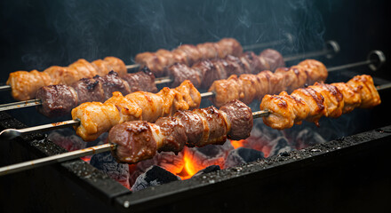 Assorted Meat Skewers Grilling Over Hot Charcoal with Smoke. BBQ Food & Summer Party Concept