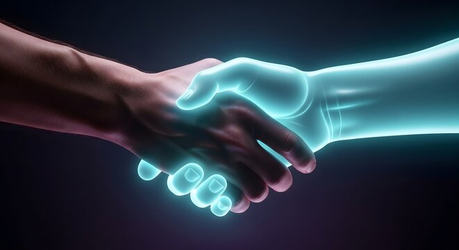 Handshake between human and futuristic glowing artificial intelligence hand, representing digital partnership and technology integration on a dark background.