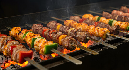 Sizzling Meat and Vegetable Kebabs on Barbecue Grill with Glowing Coals and Smoke