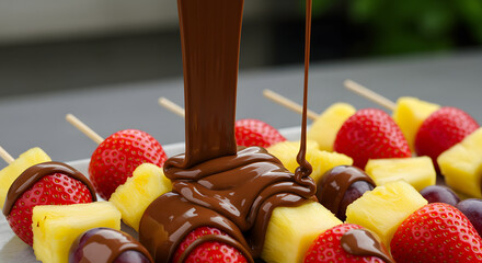 Melted chocolate pouring over fresh fruit skewers with strawberries, pineapple, and grapes