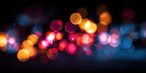 Colorful bokeh lights in abstract blurred form on a dark black background. Glowing light effects create a festive atmosphere for New Year greetings. Stylish design for a party or celebration card