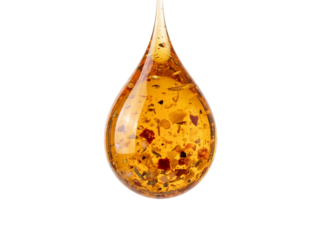 Close up of a golden liquid drop with inclusions. isolated on transparent background