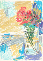 Contemporary Marker Art of a Bright Floral Bouquet by a Window