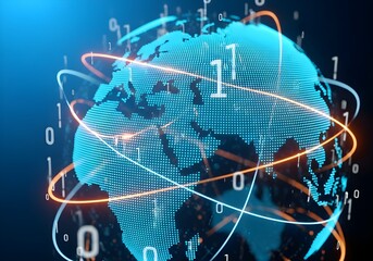 Digital globe with binary code and orbiting data lines in blue