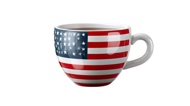 COFFEE CUP WITH AMERICAN FLAG DESIGN ISOLATED ON WHITE BACKGROUND FOR PATRIOTIC THEME