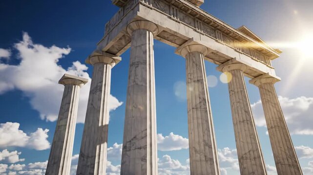 Ancient marble architecture columns against bright blue sky with clouds