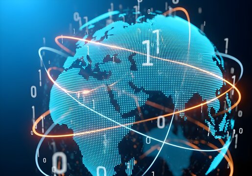 Digital globe with binary code and orbiting data lines in blue