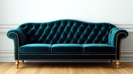 Naklejka premium Luxurious teal velvet sofa features diamond tufting and ornate gold accents against a light background
