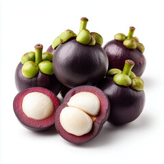 AI-generated image -  Fresh whole and halved mangosteens isolated on a white background.