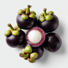 AI-generated image -  Fresh whole and halved mangosteens isolated on a white background.